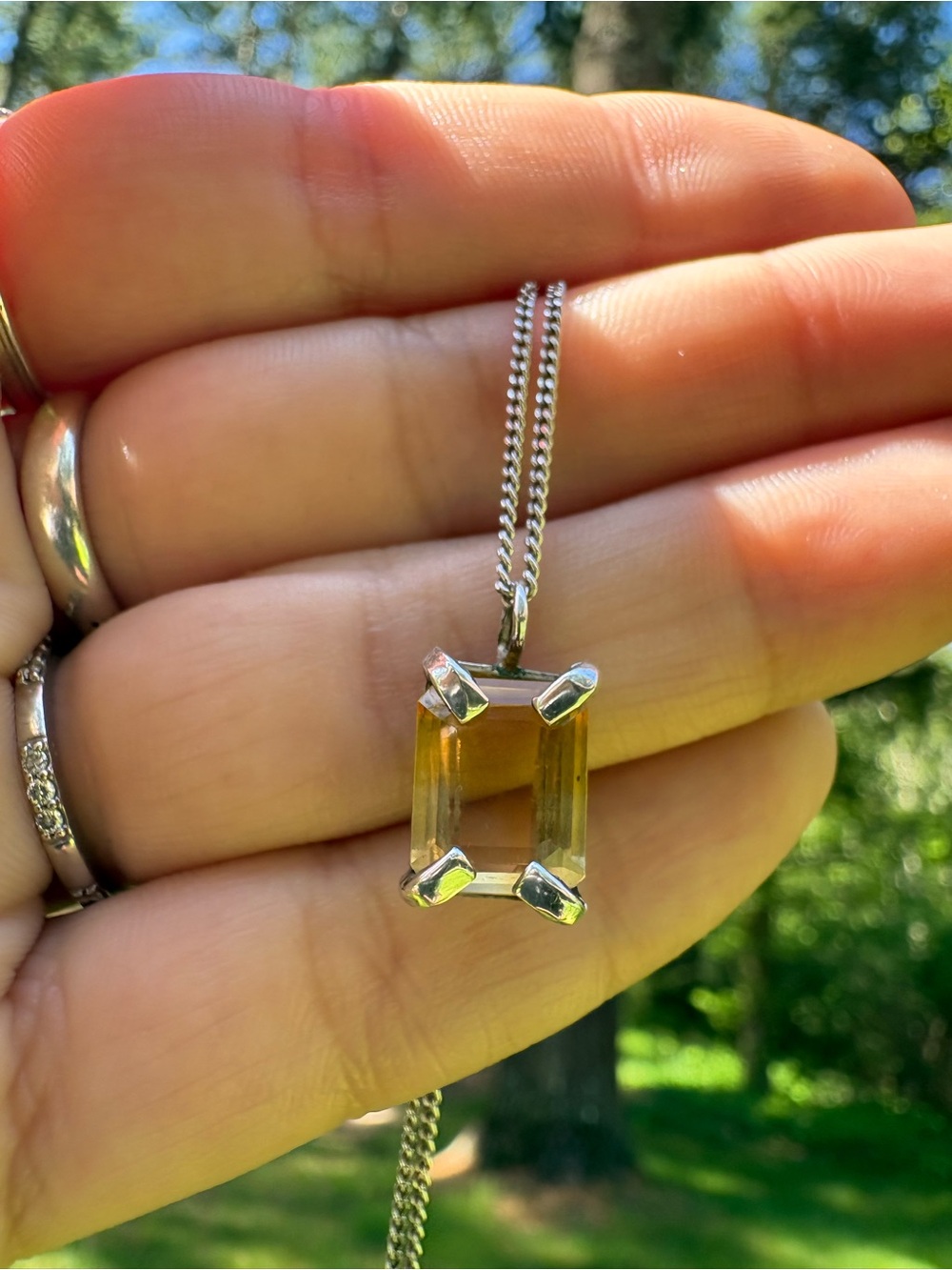 Artisanal Emerald Cut Yellow Citrine Sterling Silver Pendant